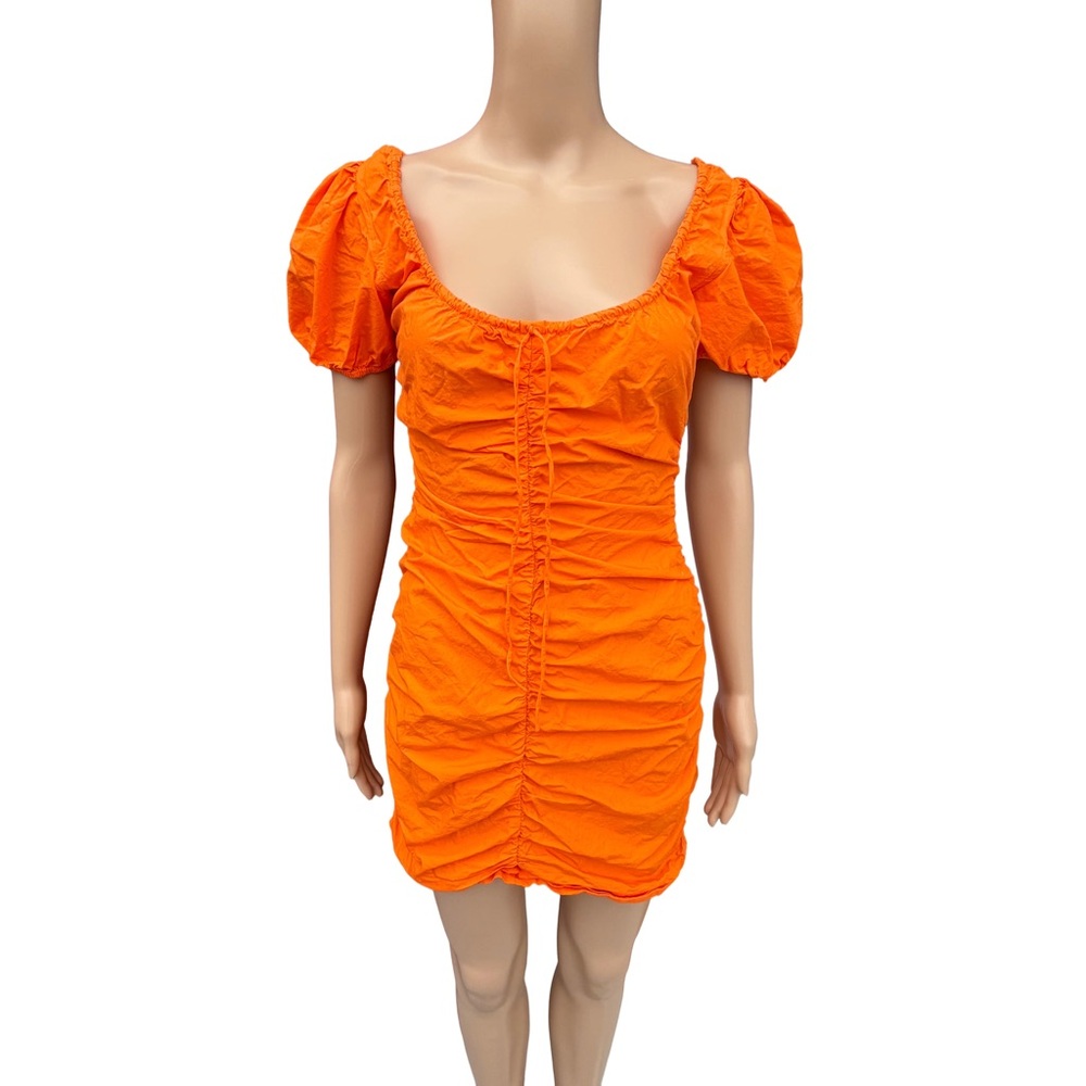 Ganni cotton puff sleeve ruched mini dress orange summer sundress